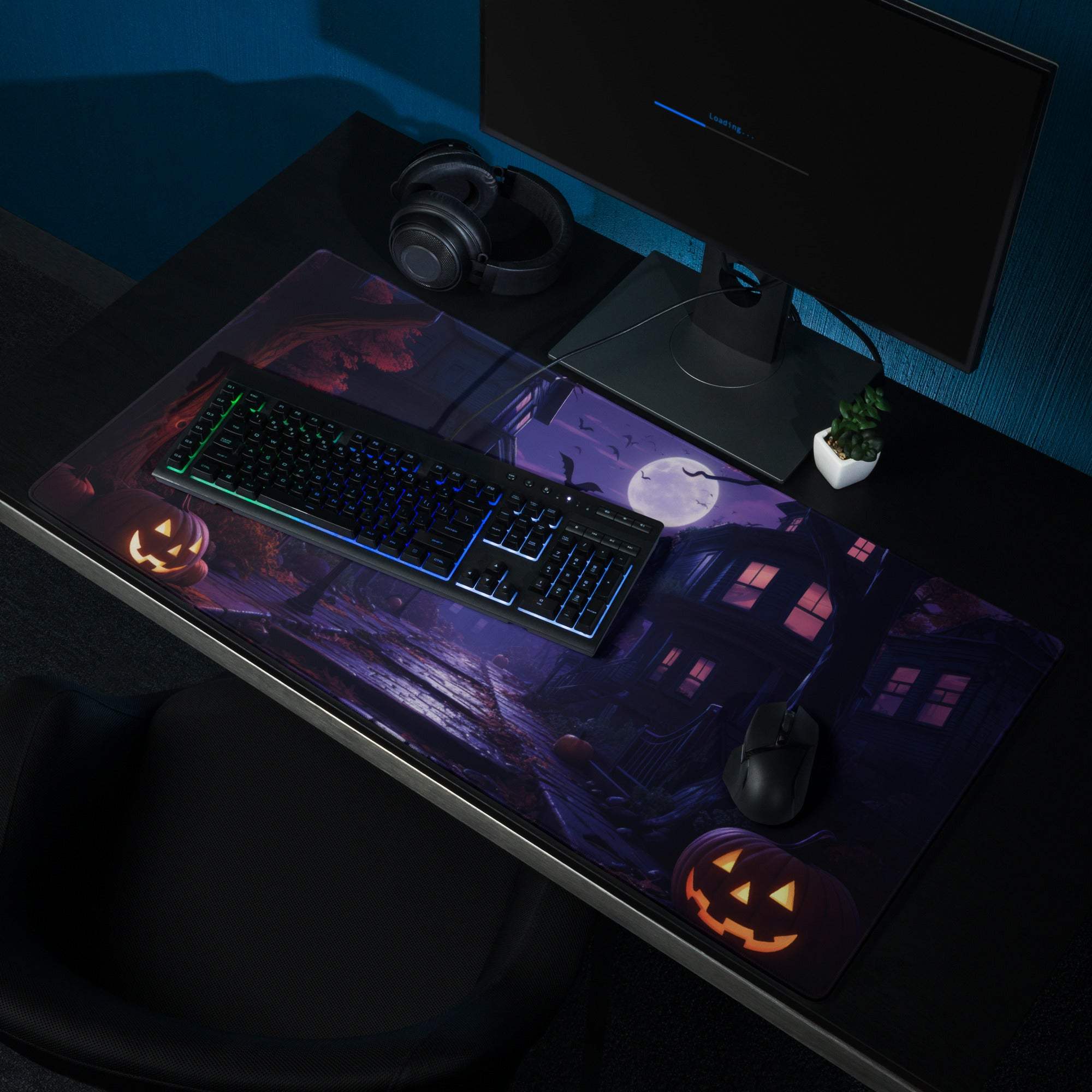 Halloween moonlit night gaming mouse pad with jack-o-lanterns