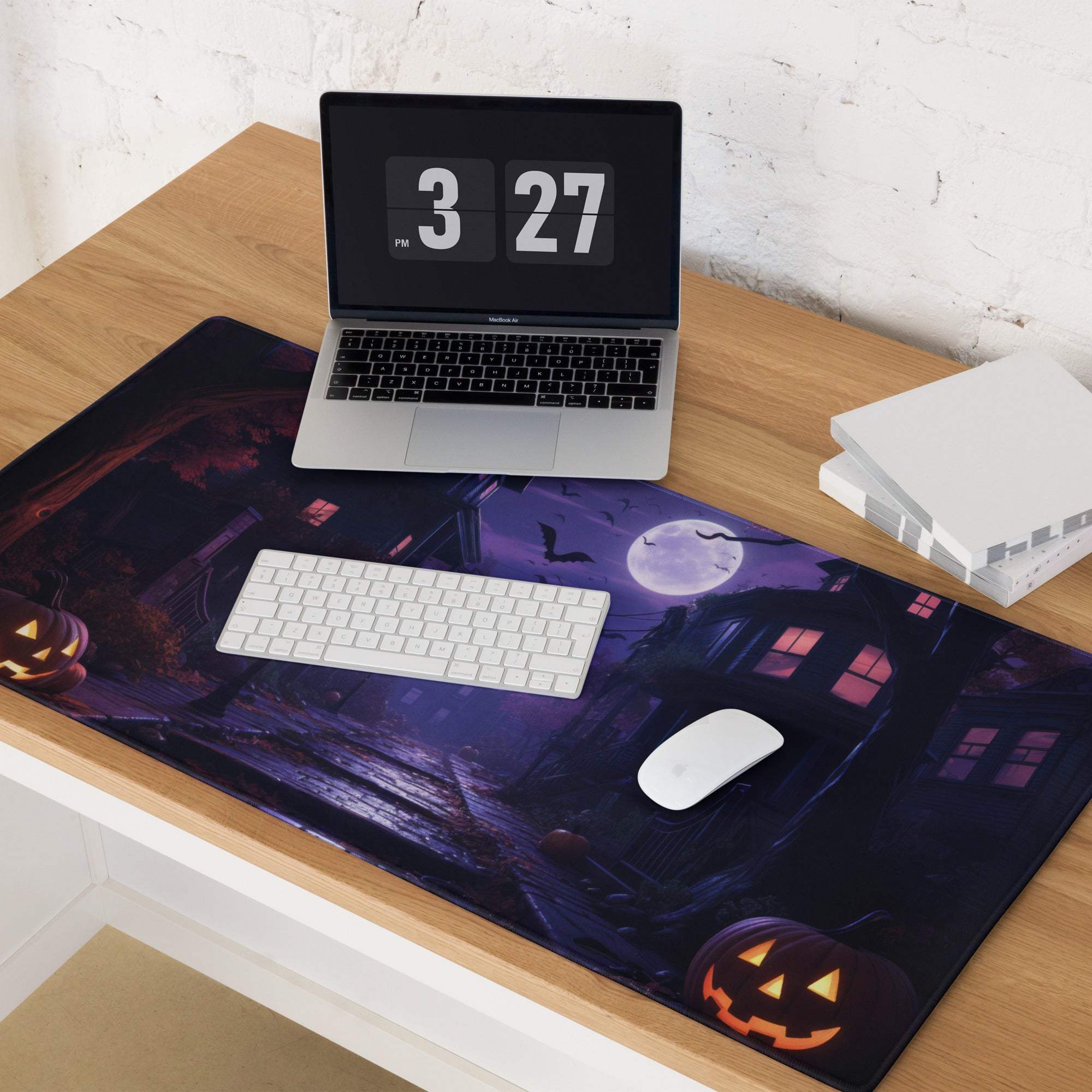 Halloween moonlit gaming mouse pad with jack-o-lanterns, bats, haunted house
