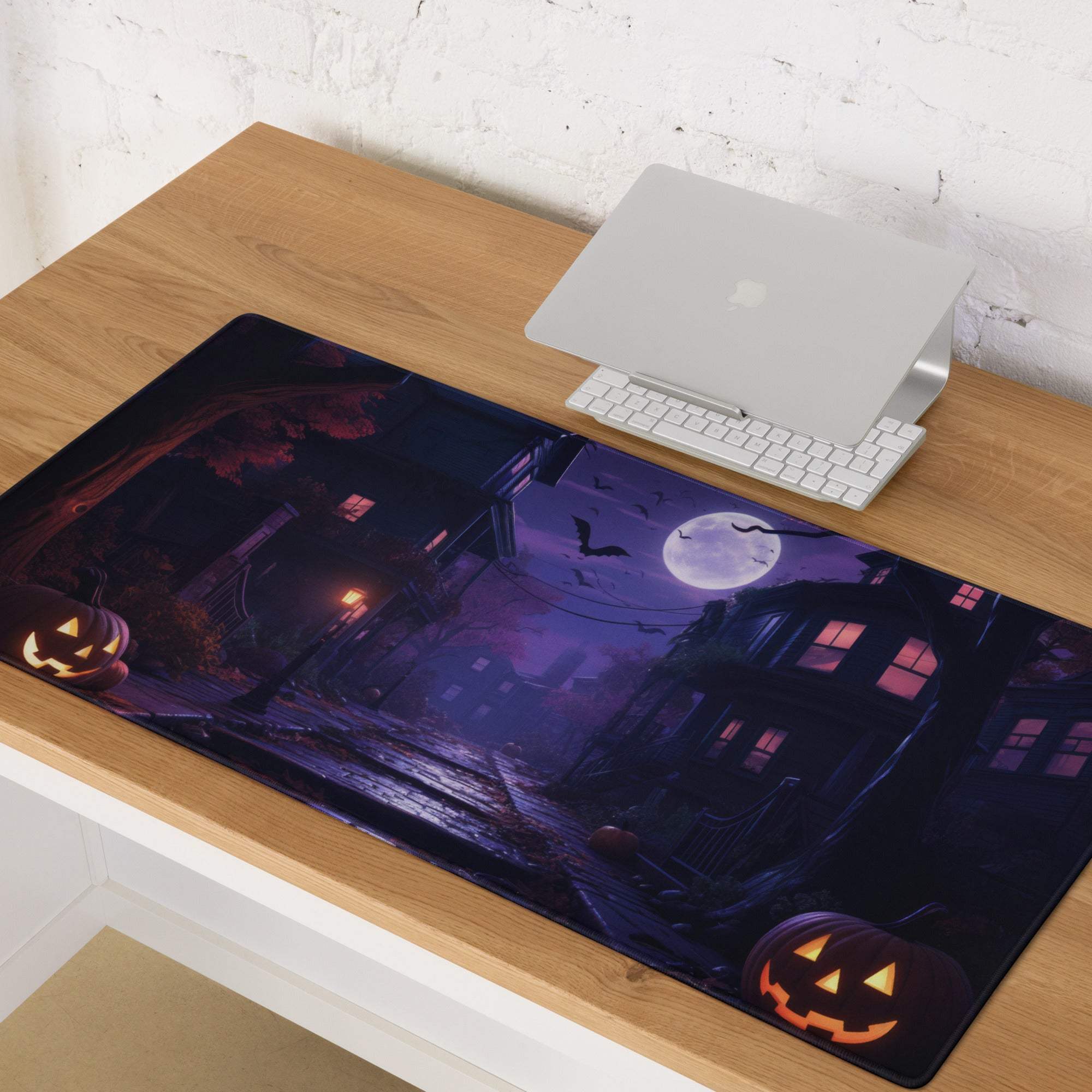 Halloween moonlit night gaming mouse pad with jack o lanterns and bats