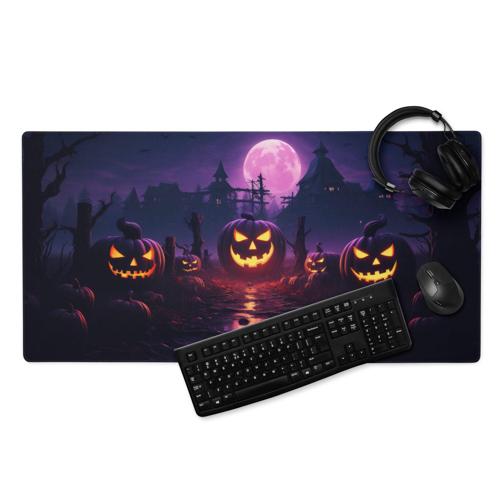 Halloween pumpkin night gaming mouse pad with glowing jack-o-lanterns purple moon