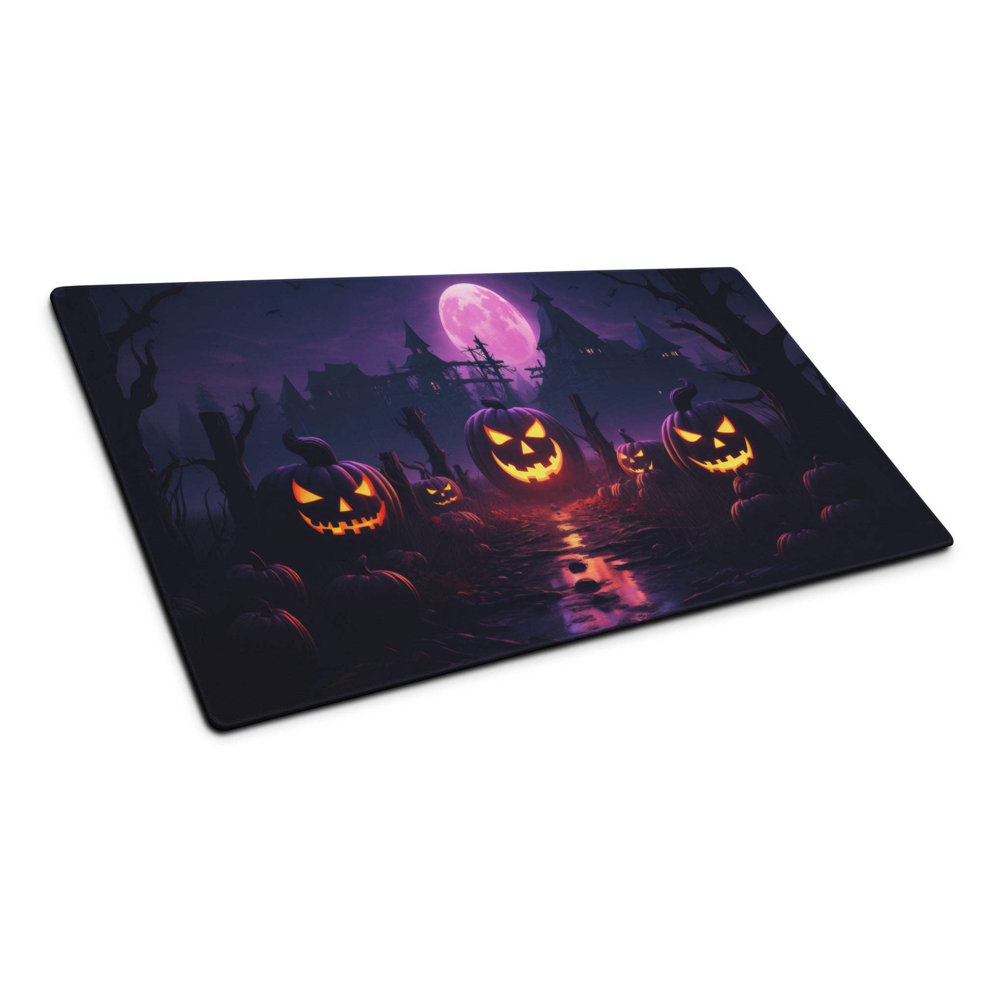 Halloween pumpkin night scene gaming mouse pad with purple moonlight glow