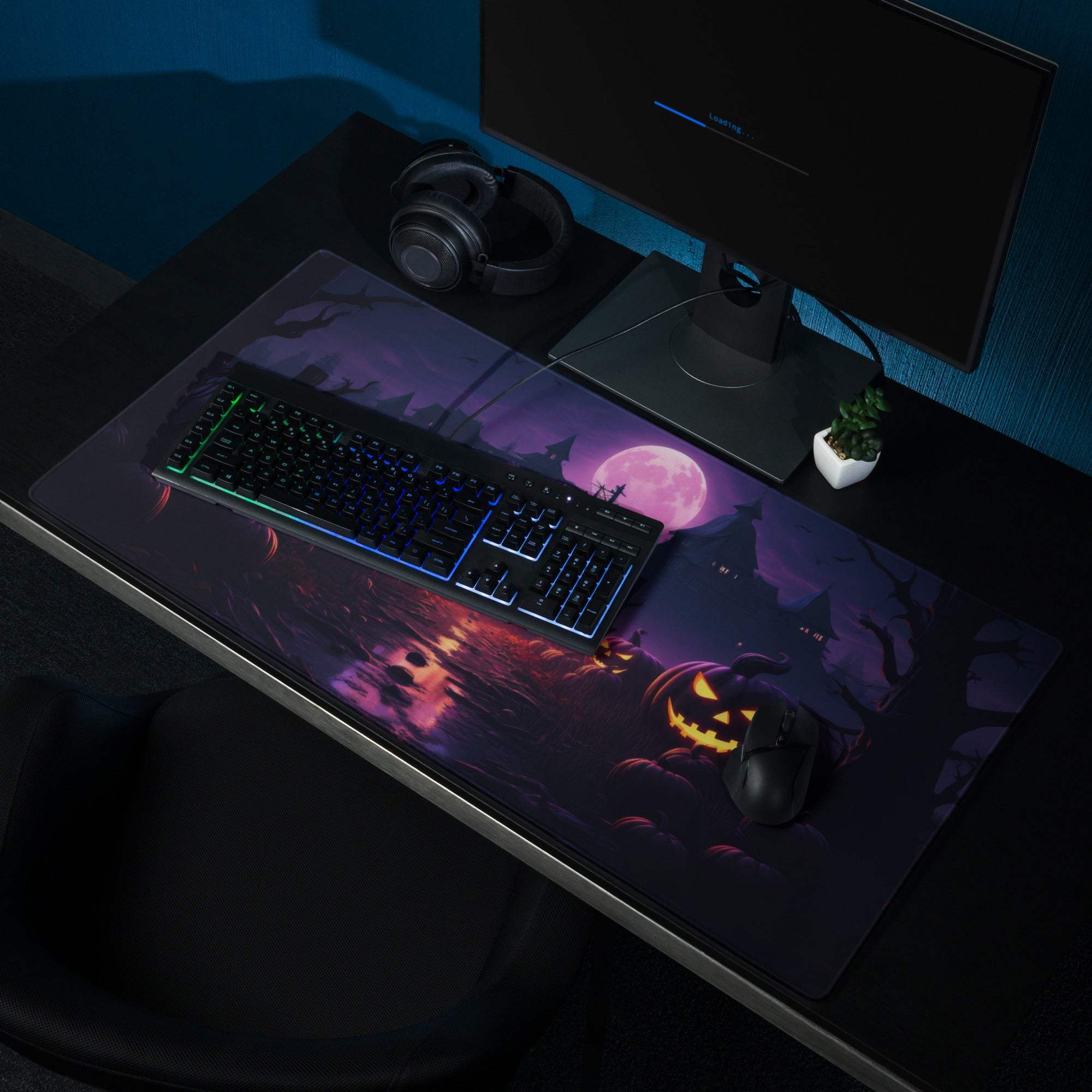 Halloween pumpkin night scene purple gaming mouse pad with moon, bats