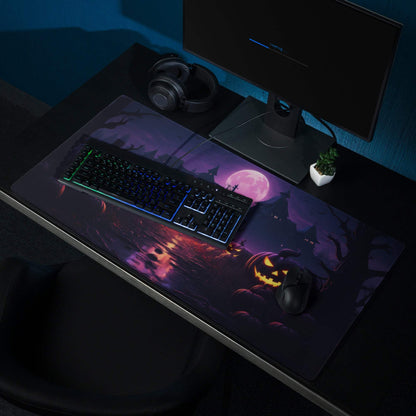 Halloween pumpkin night scene purple gaming mouse pad with moon, bats