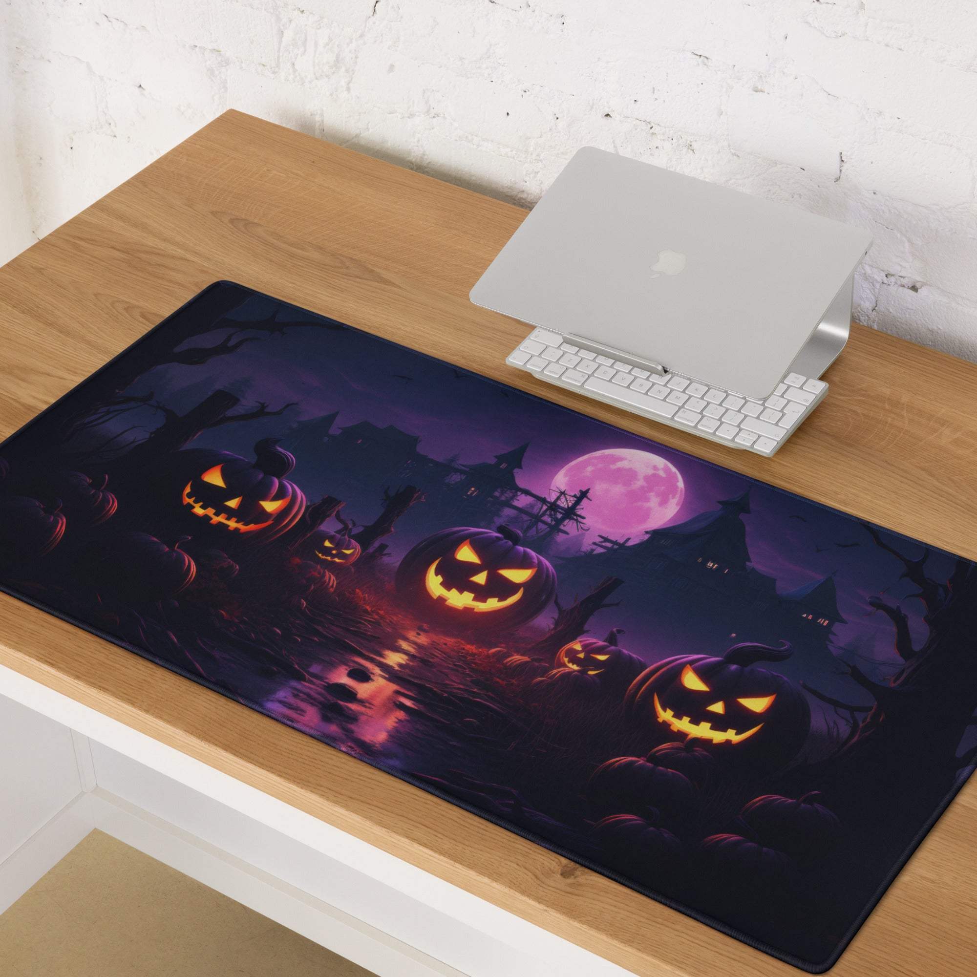Halloween gaming mouse pad with glowing jack-o-lanterns purple moonlight non-slip base