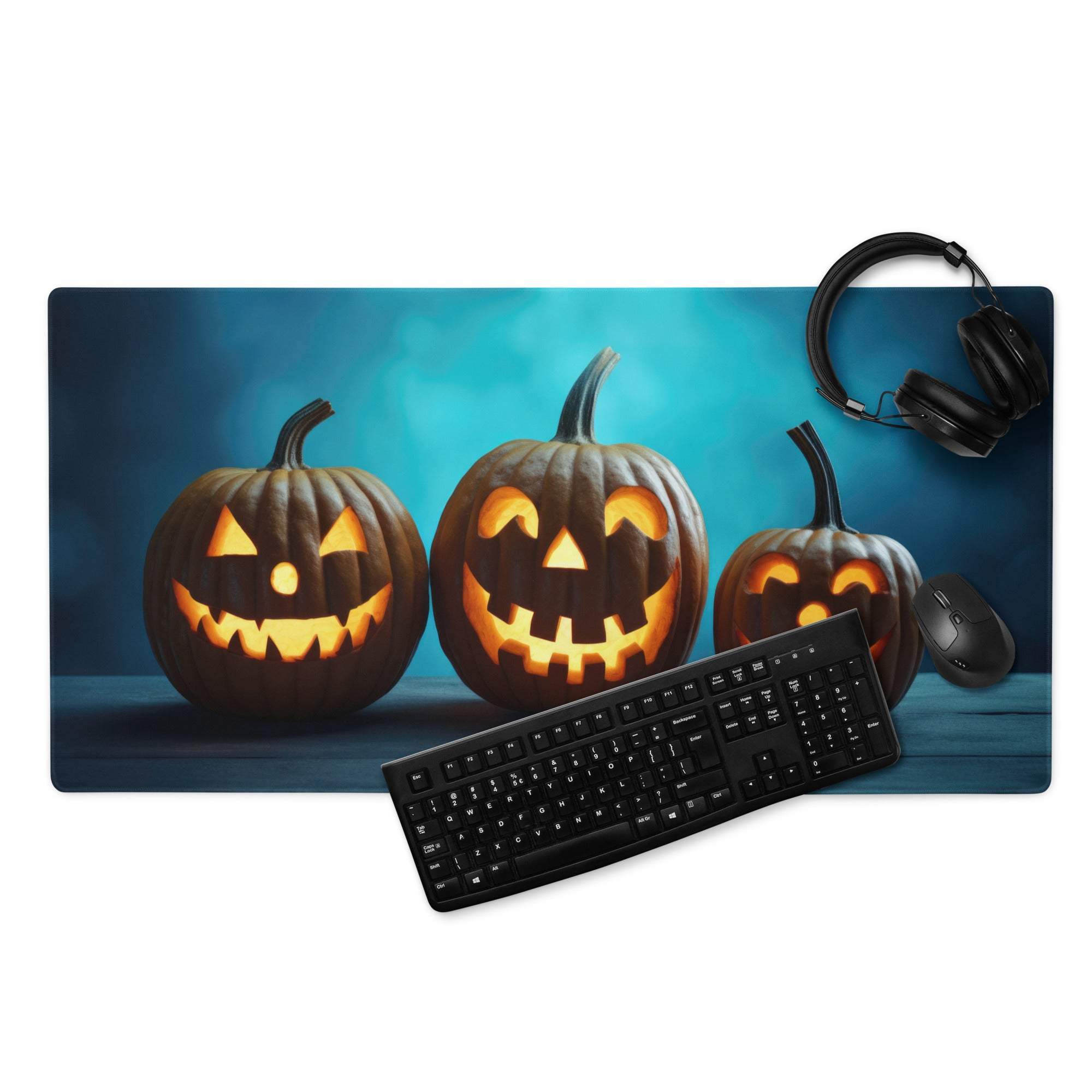 Halloween pumpkin carving gaming mouse pad with orange glowing jack-o-lanterns on dark blue