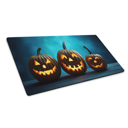 Halloween pumpkin carving scene mouse pad with warm orange glow on dark blue backdrop