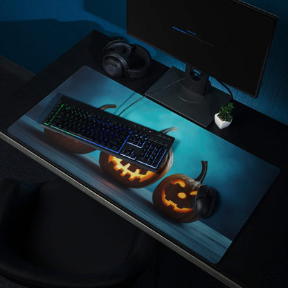 Halloween pumpkin carving gaming mouse pad with orange glow on teal backdrop