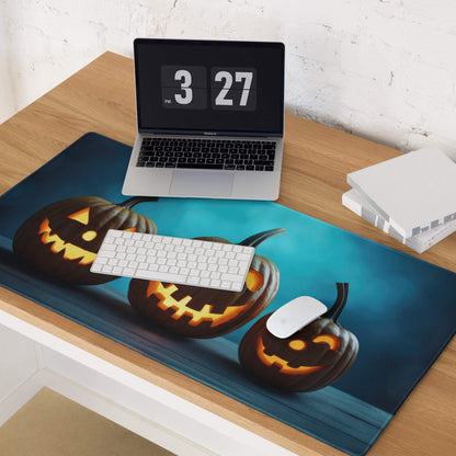 Blue Halloween pumpkin carving mouse pad with glowing orange faces
