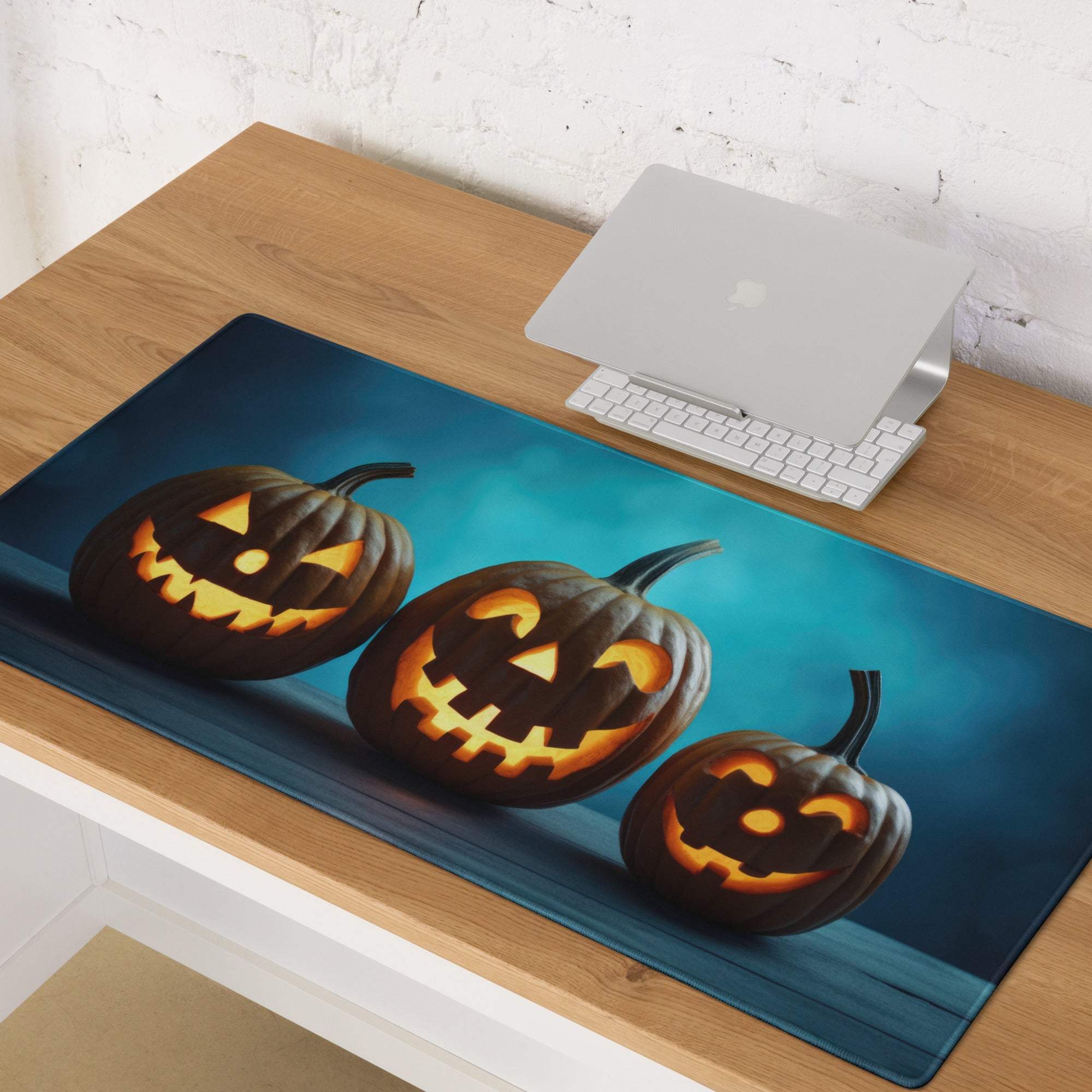 Halloween pumpkin carving gaming mouse pad with glowing jack-o-lanterns