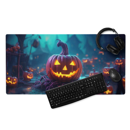 Halloween pumpkin glow gaming mouse pad with jack-o-lantern and forest