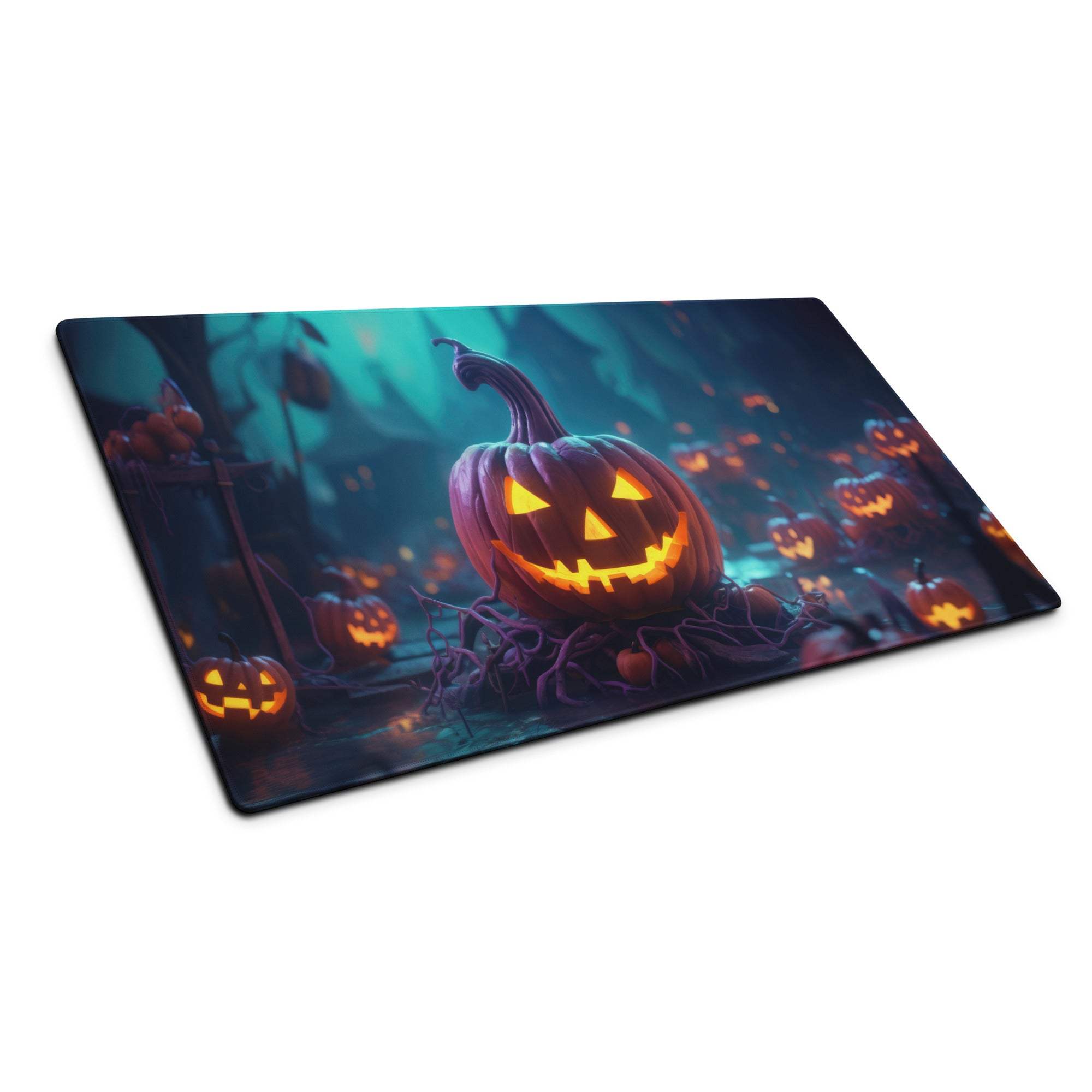 Halloween glowing jack-o-lantern gaming mouse pad in misty forest