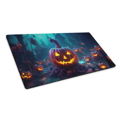 Halloween glowing jack-o-lantern gaming mouse pad in misty forest