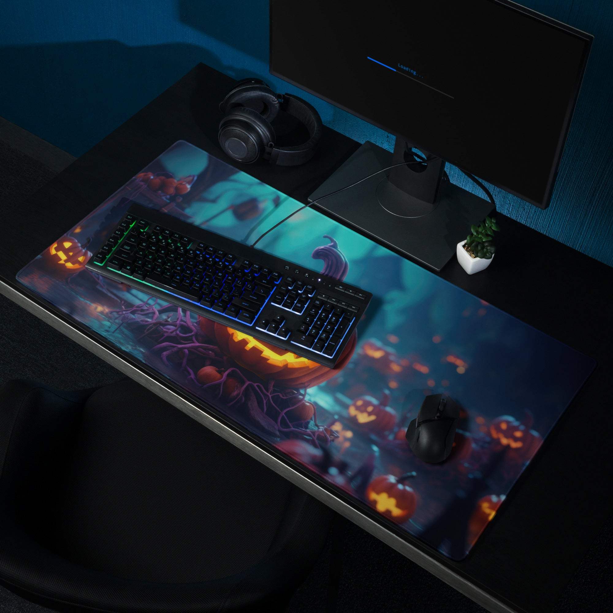 Halloween pumpkin glow gaming mouse pad with jack-o-lanterns and vines