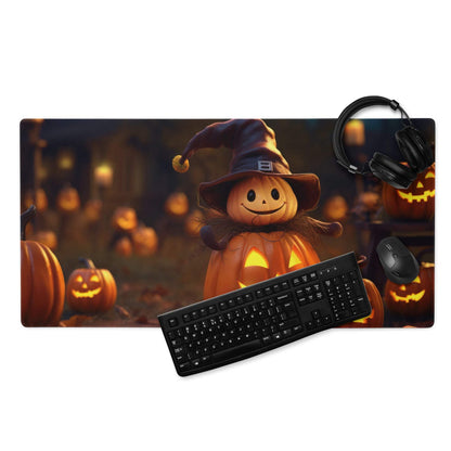 Halloween pumpkin witch gaming mouse pad with glowing jack-o-lanterns