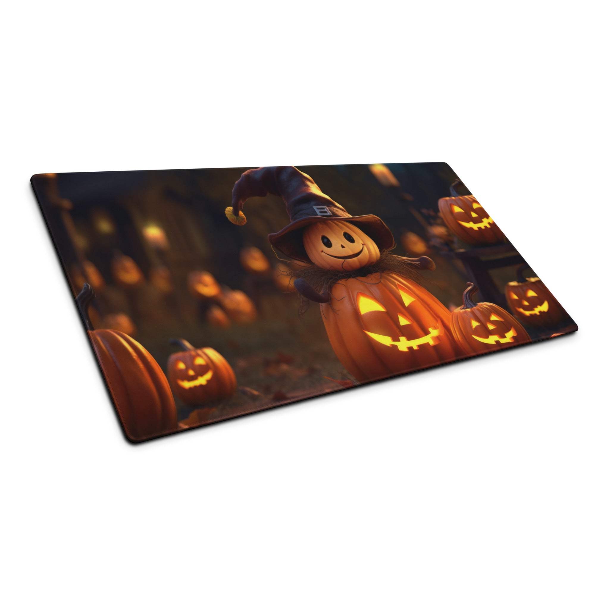 Halloween smiling scarecrow witch hat on glowing jack-o-lanterns gaming mousepad