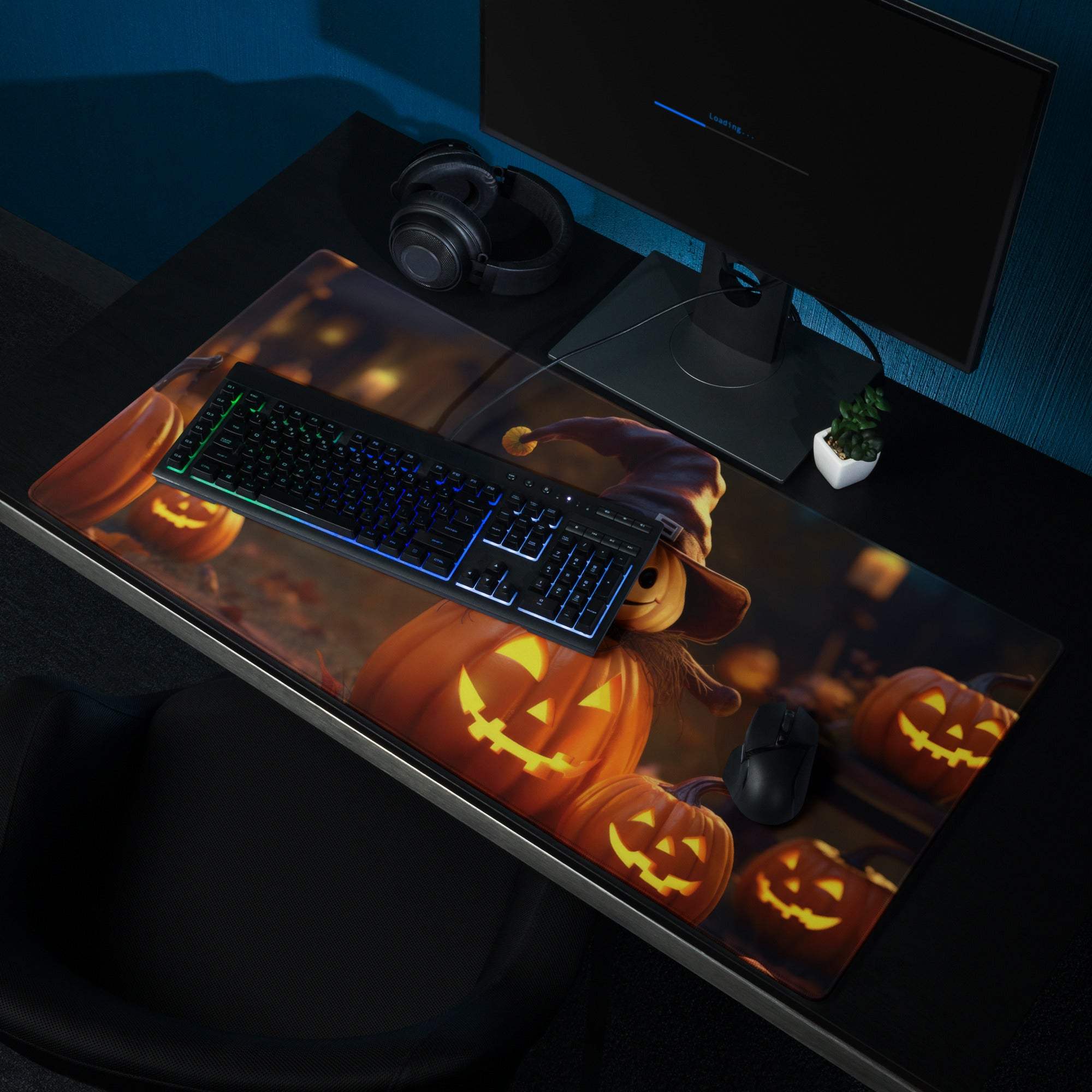 Halloween pumpkin night gaming mouse pad with glowing jack-o-lanterns, witch, non-slip base
