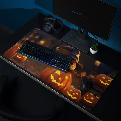 Halloween pumpkin night gaming mouse pad with glowing jack-o-lanterns, witch, non-slip base