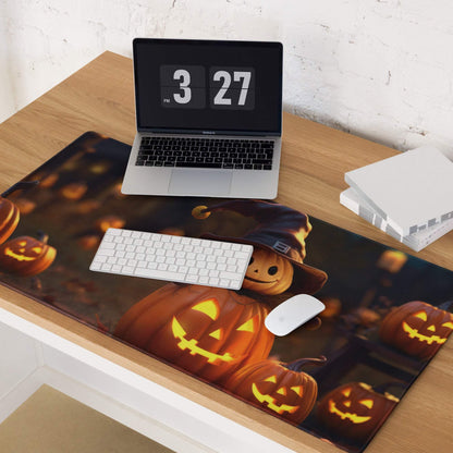 Halloween pumpkin night scene gaming mouse pad with glowing orange pumpkins, smiling witch, cozy warm glow, dark bokeh background, large non-slip base