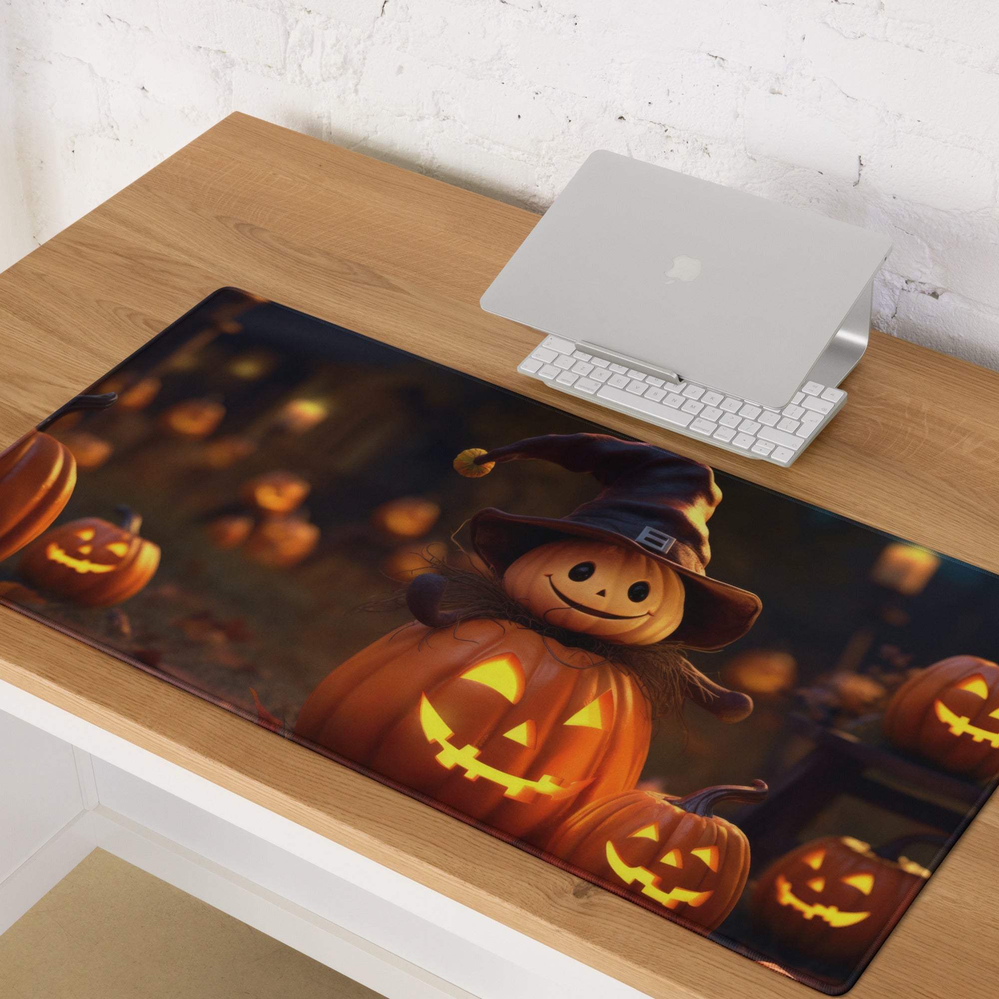 Halloween pumpkin witch hat mousepad with glowing jack-o-lanterns