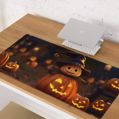 Halloween pumpkin witch hat mousepad with glowing jack-o-lanterns