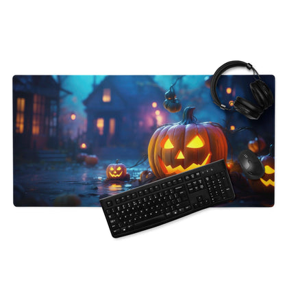 Halloween pumpkin orange glow night scene gaming mouse pad with jack-o-lantern, spooky street, black keyboard, headset