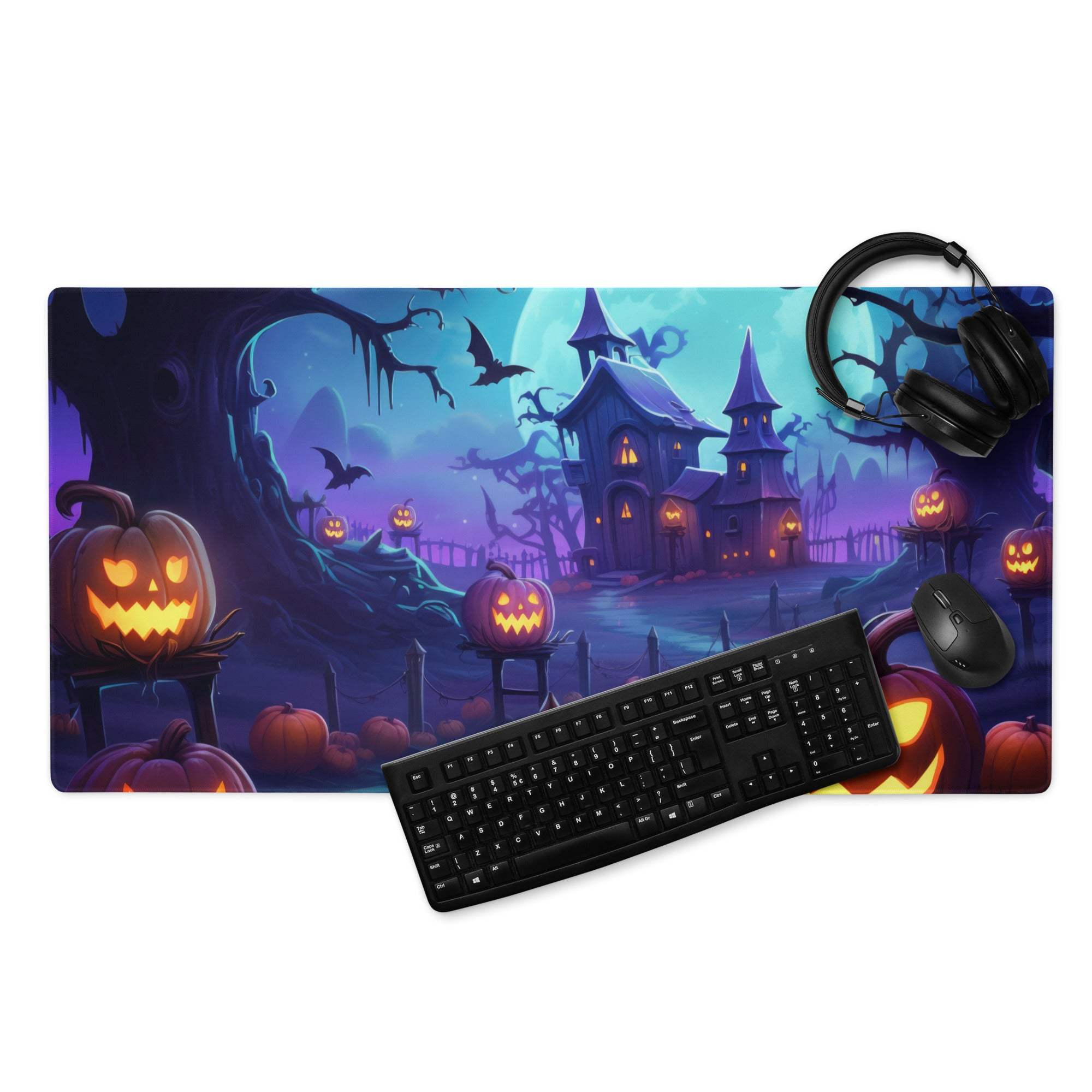 Halloween pumpkin gaming mouse pad with haunted house, jack-o-lanterns, bats
