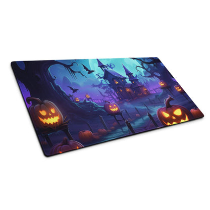 Halloween pumpkin gaming mouse pad with haunted house, jack-o-lanterns, bats