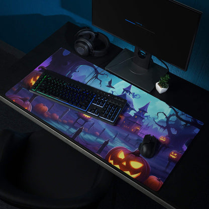 Halloween pumpkin gaming mouse pad with spooky castle and glowing jack-o-lanterns