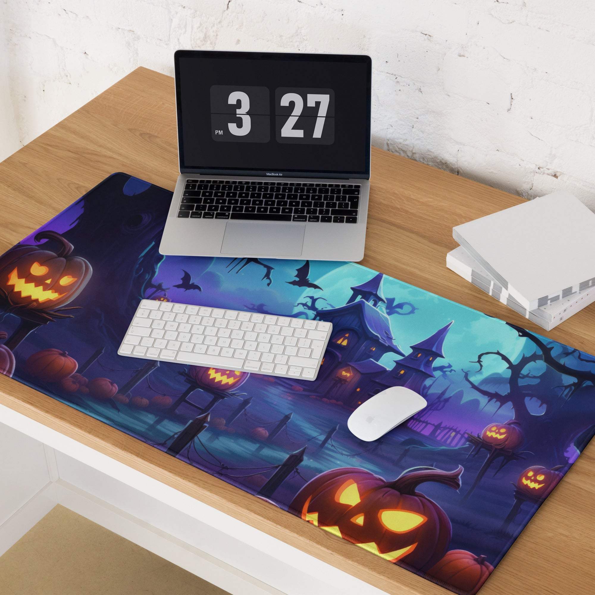 Halloween pumpkin gaming mouse pad with jack-o-lanterns bats haunted houses