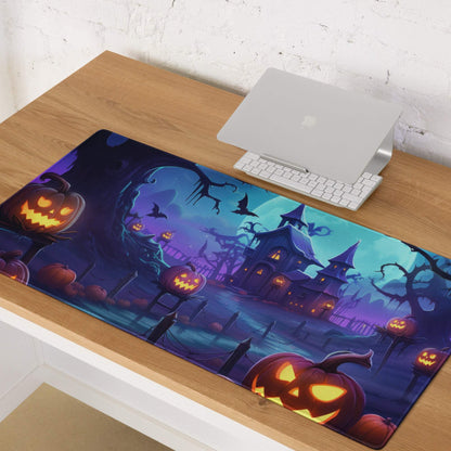 Halloween pumpkin gaming mouse pad with glowing jack-o-lanterns and haunted house