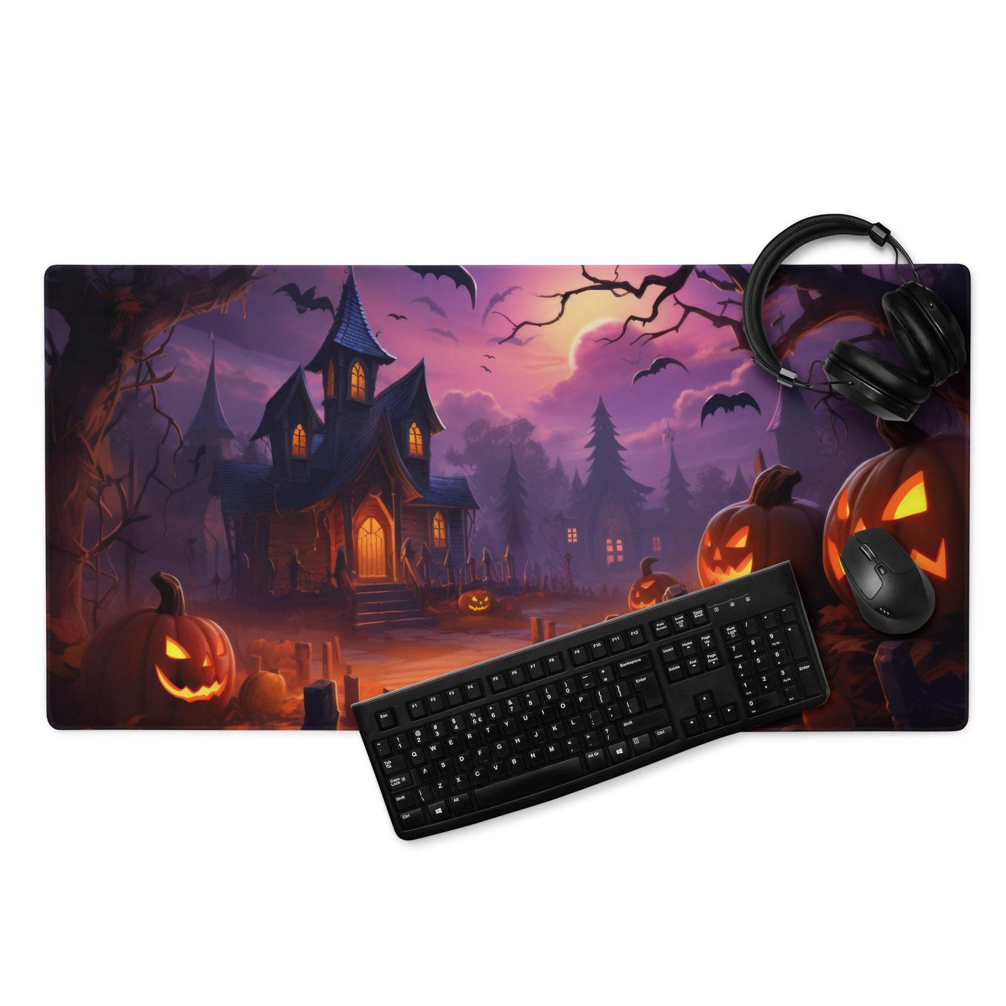 Spooky Halloween haunted house gaming mouse pad with jack-o-lanterns and bats
