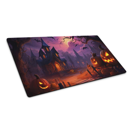 Spooky Halloween haunted house gaming mouse pad with jack-o-lanterns and bats