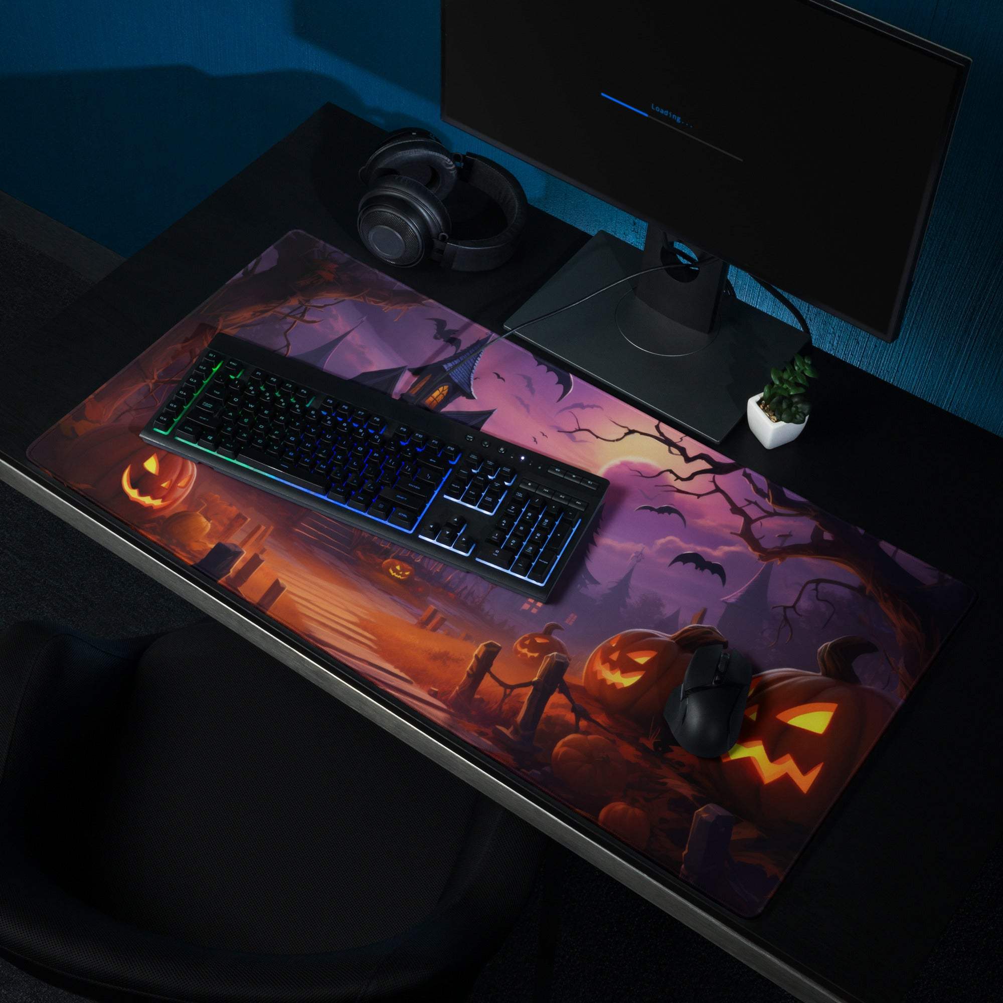 Large spooky Halloween haunted house gaming mouse pad with pumpkin design