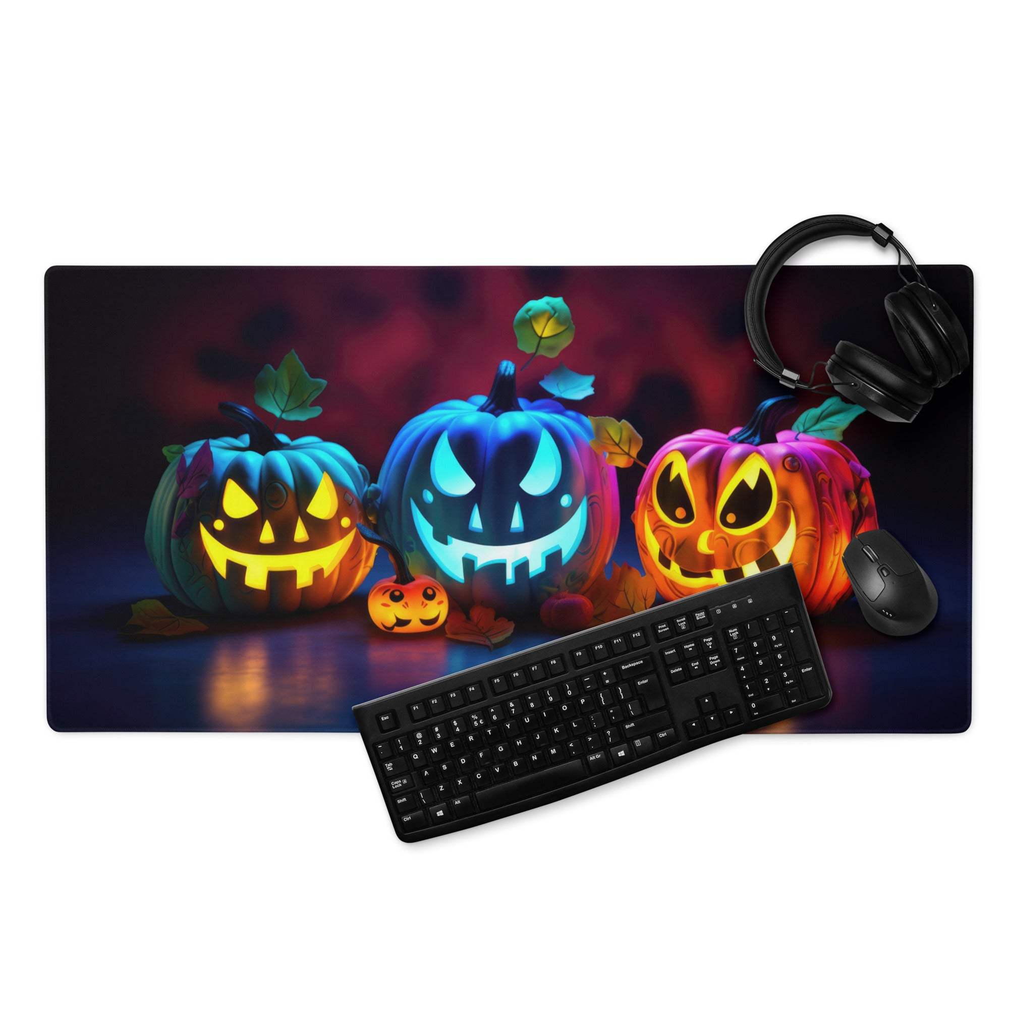 Halloween pumpkin glow gaming mouse pad with jack-o-lanterns, large size, non-slip backing