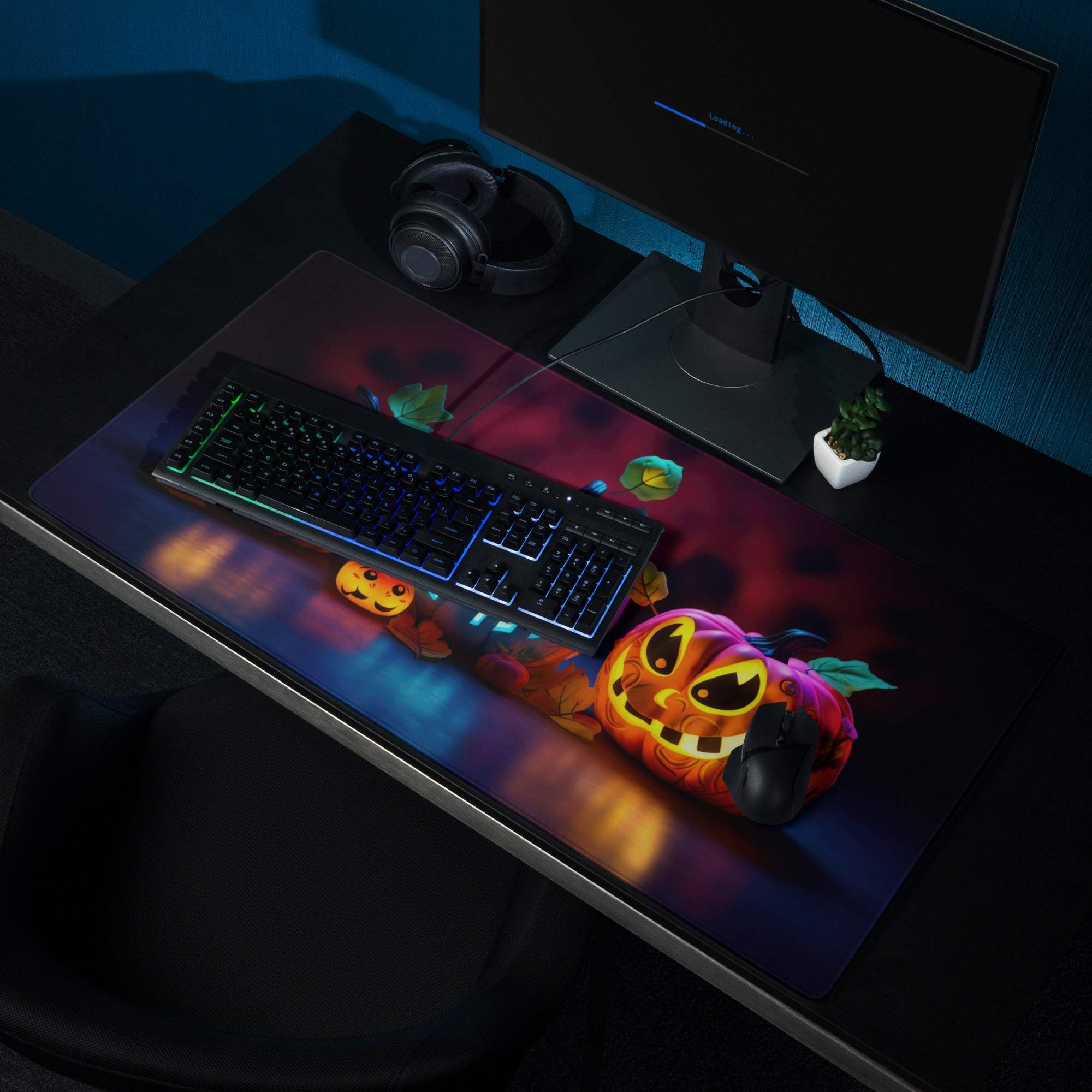 Halloween pumpkin glow gaming mouse pad with jack-o-lantern design