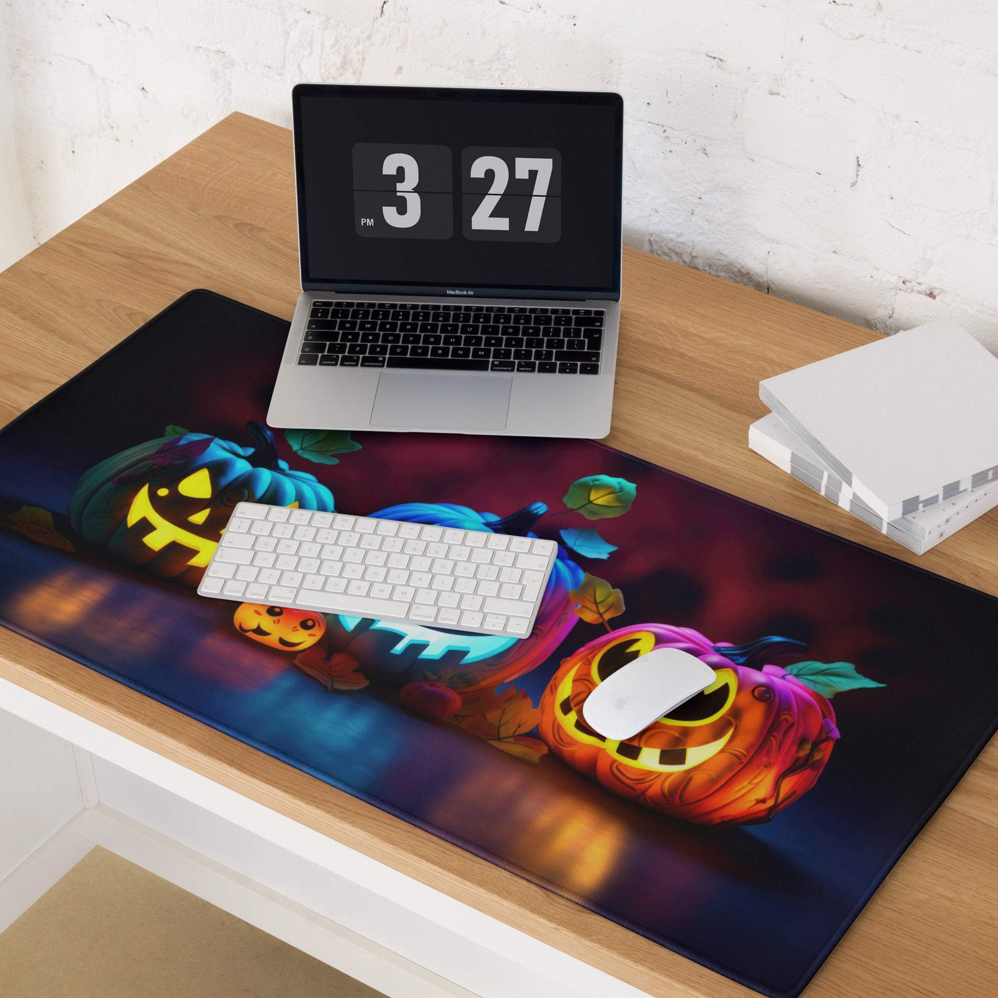 Vibrant Halloween pumpkin glow gaming mouse pad with jack-o-lanterns
