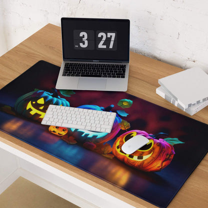 Vibrant Halloween pumpkin glow gaming mouse pad with jack-o-lanterns
