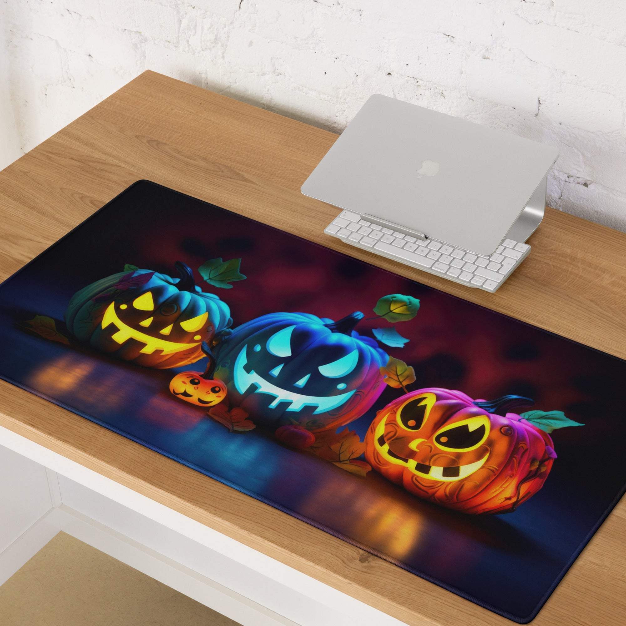 Vibrant Halloween pumpkin glow gaming mouse pad with jack-o-lanterns