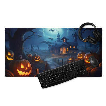 Spooky Halloween haunted house gaming mouse pad with glowing jack-o-lanterns and bats