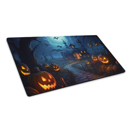 Spooky Halloween haunted house gaming mouse pad with glowing jack-o-lanterns and bats
