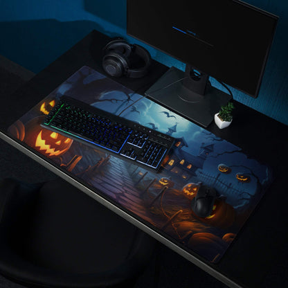 Spooky Halloween gaming mouse pad with glowing jack-o-lanterns and haunted houses