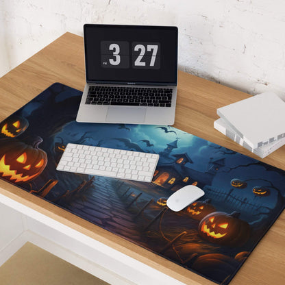 Spooky Halloween haunted house gaming mouse pad with glowing jack-o-lanterns and bats