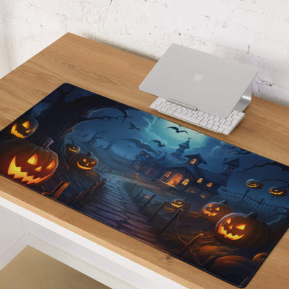 Spooky Halloween haunted house gaming mouse pad with glowing jack-o-lanterns and bats