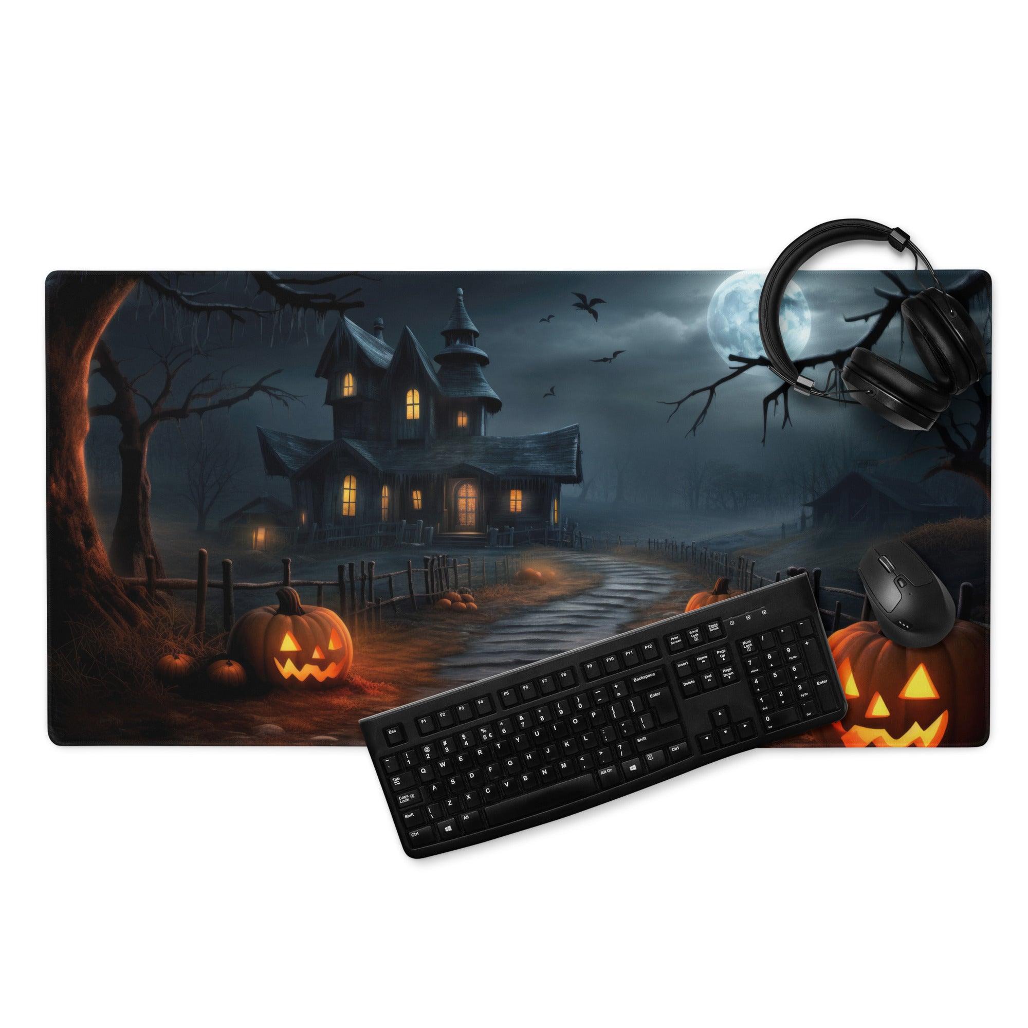 Gothic Halloween moonlit haunted house gaming mouse pad with jack-o-lanterns
