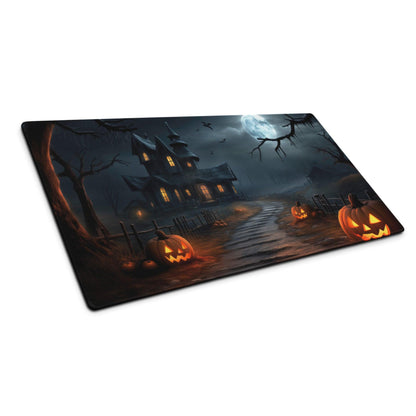 Gothic Halloween gaming mouse pad with haunted house, glowing pumpkins, moonlit night