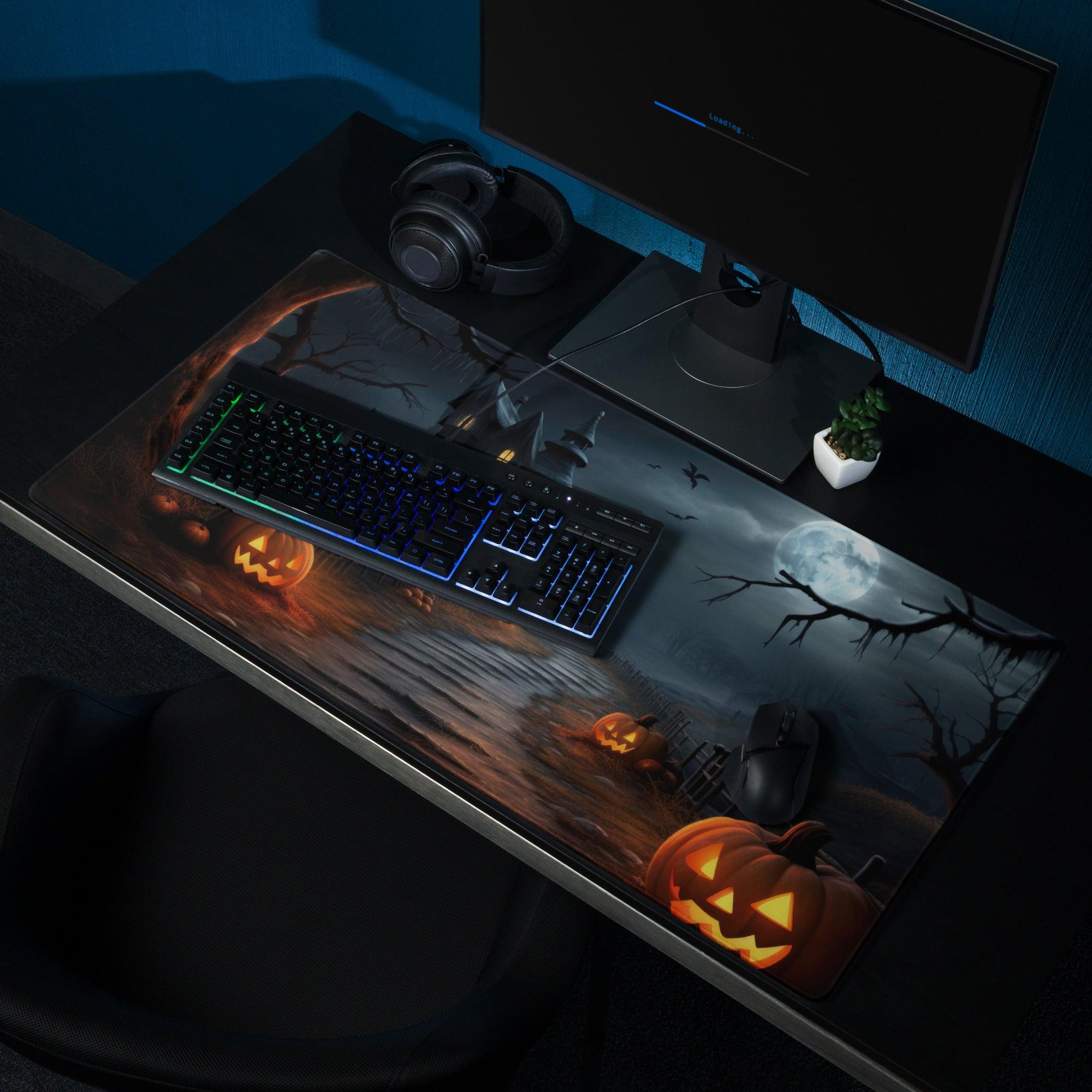 Gothic Halloween moonlit graveyard gaming mouse pad with glowing jack-o-lanterns