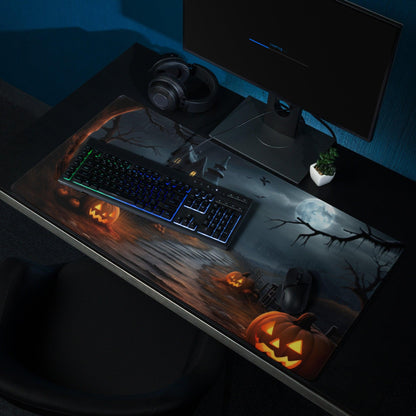 Gothic Halloween moonlit graveyard gaming mouse pad with glowing jack-o-lanterns