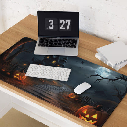 Gothic Halloween gaming mouse pad with glowing jack-o-lanterns and haunted house