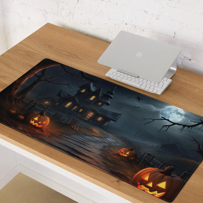 Gothic Halloween gaming mouse pad with haunted house, jack-o-lanterns, moon