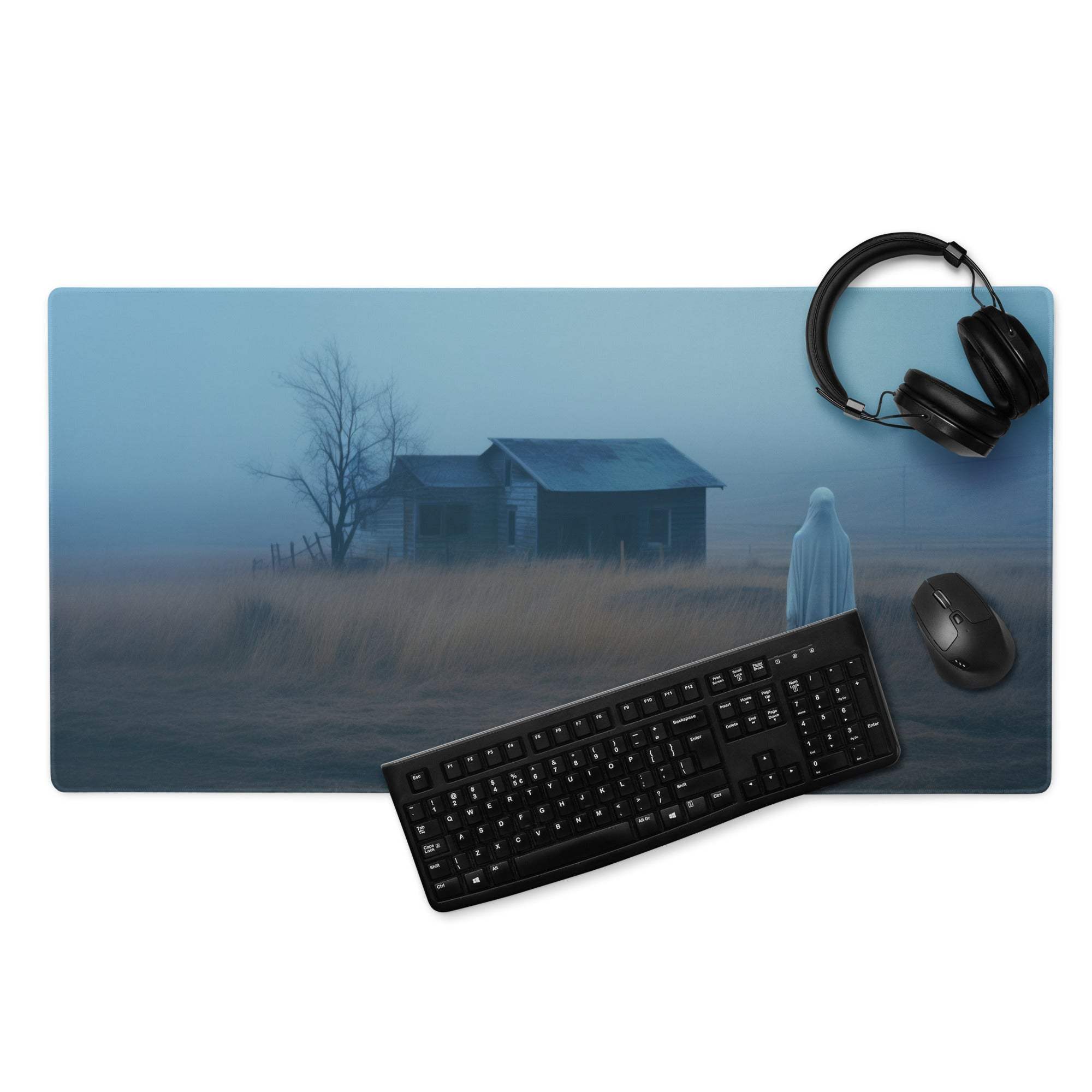 Moody Blue Mist Landscape Gaming Mouse Pad with Ghostly Farmhouse Scene